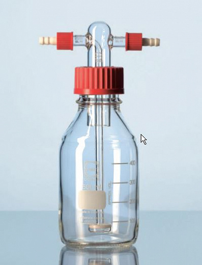 Склянка для промывания газов с винтовой крышкой, 500 мл, горловина 45 GL, d трубок 9 мм, входная трубка с фриттованным диском d 34 мм, пористость 1, боросиликатное стекло