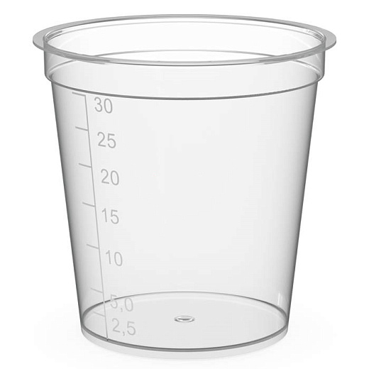 Стакан 30 мл, ПП, без носика, с градуировкой, низкий, Россия