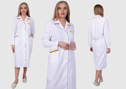 Халат лабораторный женский, хлопок/полиэстер, белый с отделкой, с манжетом, прямой, премиум, 1 шт.
