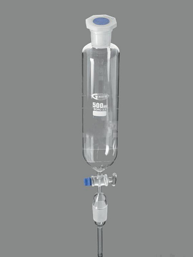 Воронка делительная, 50 мл, цилиндрическая, шлиф 29/32, запорный клапан из стекла, с раструбом и конусом, пробка ПП, 1 шт./уп., Glassco