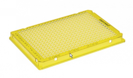 Планшеты 384-лун, для ПЦР, объём лунки 45 мкл, PCRclean, жёлтая рамка, с юбкой, twin.tec, 25 шт./уп.