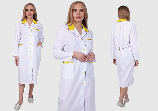 Халат лабораторный женский, хлопок/полиэстер, белый с отделкой, с манжетом, приталенный, премиум, Диаэм