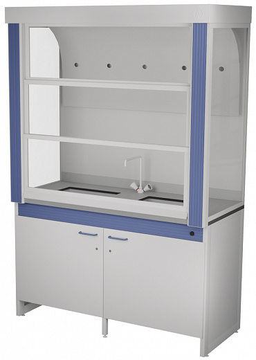 Шкаф вытяжной для мытья посуды, ширина 150 см, корпус – металл, столешница – монолитный пластик Trespa, боковые панели – стекло