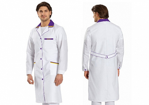 Халат лабораторный мужской, хлопок/полиэстер, белый с отделкой, с манжетом, косой карман, премиум, 1 шт.
